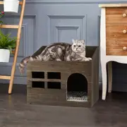 Cozy Wooden Cat Cave Bed with Cushion Pad and Integrated Litter Box