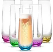 JoyJolt HUE Stemless Champagne Flutes Set of 6 Colored Glasses. 9.4oz Champagne Glasses. Prosecco Wine Flute, Mimosa Glasses Set, Cocktail Glass Set, Stemless Glasses, Crystal Glasses, Bar Glassware