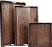 MAGIGO Set of 3 Large Solid Black Walnut Wood Ottoman Tray with Handles, Serve Tea, Coffee or Breakfast in Bed, Classic Wooden Decorative Serving Tray, L+M+S