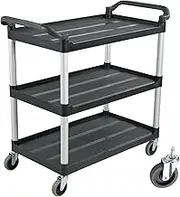 3 Tier Utility Service Cart Trolley Restaurant Kitchen Food Serving Catering With Wheels/Without Brakes,Large Shelf Storage Heavy Duty Catering Carts for Bar Salon Warehouse Office (Black (No brakes))