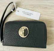 Authentic Versace Collection Grey Leather Wallet Golden Logan Medallion Zip