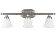 Sunset Lighting 3-Light Vanity w/ Faux Alabaster Glass, Bright Satin Nickel Fini