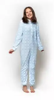 Girls Size 10-16 Blue Hearts Bunny Winter Fleece Hooded One Piece Jumpsuit