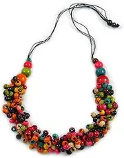 [Avalaya] Multicoloured Wood Bead Cluster Black Cotton Cord Necklace - 80cm L/Adjustable, One Size, cords Wood