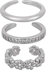 [Mikovivi] 3pcs Silver Toe Rings, Open Adjustable Toe Ring Set Flower Diamond Plain Foot Ring Summer Beach Foot Jewelry for Women