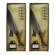 2x Calligraphy Pen 8pce Set Brown Feather 6 Nibs, Ink & Holder In Gift Box