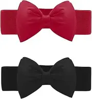 [Allegra K] Women's 2Pcs Bowknot Elastic Belts, 2.4" Width Elegant Cute Stretchy Cinch Waistband for Dress Wedding Black+Wine Red Fit Waist:24-32 inches