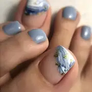 Blue Press on Toenails Short Square Fake Toenails Waves False Toenails with