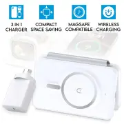 3 in 1 Foldable Fast Magnetic Wireless Charger for iPhone Apple Watch & Airpods White Power Adapter