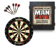 Winmau Blade 6 Triple Core Dart Board + Welcome to the Man Cave Dartboard Cabinet + Darts