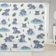 Cartoon Hippo Kids Shower Curtain 72" W x 72" L Cute Wild Animal Rustic Style Bathroom Curtain for Boys Girls Teens Blue Water Green Leaves Hippie Bath Curtain for Room with 12 Hooks