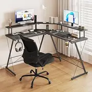 Advwin L Shaped Gaming Desk with LED Lights & Power Outlets Computer Corner Desk with Monitor Stand Black