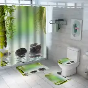 Zen Bamboo Buddhist Lotus Spa Shower Curtain Toilet Lid Cover Bath Mat Rug Set