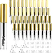 40 Pieces 10 ml Empty Mascara Tubes Eyelash Wand Refillable Clear Bottles Eyelash Cream Container Bottle with 4 Pieces Transparent Funnels Transferring Castor Oil for DIY Cosmetics (Golden)