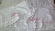 VINTAGE PILLOWCASE HIS / HER PINK NEEDLEWORK FANCY NICE