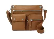 FOSSIL LT BROWN (SADDLE) SKY BLUE YELLOW SUTTON LEATHER CROSSBODY SHOULDER BAG