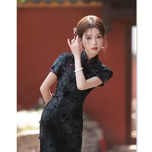 老上海復古中國風扎染植絨矮個子旗袍冬季改良中老年旗袍