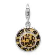 Sterling Silver Amore La Vita Rhodium-Plated Polished 3-D Cz Enameled Leopard Hat Charm With Fancy Lobster Clasp