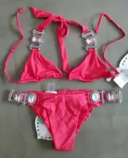 New BEACH BUNNY Material Girl Coral Triangle XS Top Skimpy Bikini XL Bottom Set