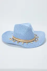 Blue Shell Detail Straw Cowboy Hat - Size ONE, Women's Hats