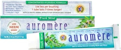 Auromere Ayurvedic Herbal Toothpaste, Fresh Mint - Vegan, Natural, Non GMO, Fluo