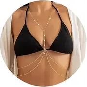 [Fesciory] 14K Gold Sexy Body Chains for Women, Layered Rhinestone Crossover Bikini Bra Body Jewelry, Summer Beach Crystal Belly Waist Chain(9 Diamonds(Gold3)), One Size, Alloy,Rhinestone, No Gemstone
