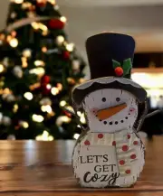 Christmas Snowman Decoration Figurine “ Let’s Get Cozy” Wood 8x4x1 Shelf Sitter