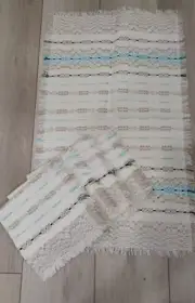 Vintage MCM Southwestern White Turquoise Set 4 Fringed Napkins Tablerunner NWT