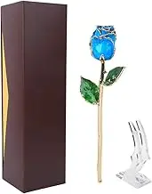 Respicefinem Golded Rose Flower Azure 24K with Base Gift Decoration Ideal for Mothers Day and Valentines Day Beautiful Exquisite and Long Lasting Gold Plated Rose Maintains Shape
