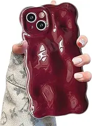 UEEBAI Case for iPhone 15, Cute Solid Color Curly Wave Shape Shockproof Soft Bumper Phone Case, Candy Water Ripple 3D Silicon Slim Pretty Case Non-Yellowing Cover, Wine Red