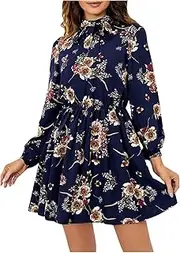 [Floerns] Women's Mock Neck Long Sleeve Floral Print Ruffle Short Dress