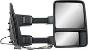 Replacement Passenger Right Side Door Towing Mirror Power and Heated Glass with Chrome and Black Cap Amber Turn Signal Light Manual Fold and Telescope for 99-16 Ford F-250 350 450 550