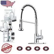 Sleek Chrome Kitchen Faucet with Pull-Down Sprayer & Deck Plate - Easy Install