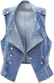 [OFFSUM] Women'S Denim Vest - Rivet Stand Collar Denim Vest Spring Summer Korean Style Sleeveless Single Breasted Solid Color Jacket Coat Clothing