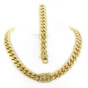 Miami Cuban Link 18k Gold Plated Stainless Steel 14mm Bracelet 9'' & Chain 24''