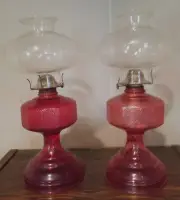 Vintage Pair Hurricane Lamps Oil Lamps kerosene paraffin original globe RED