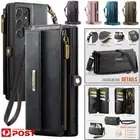 For Samsung S25 S24 S23 S22 S21FE Ultra Plus Zip Wallet Case Leather Cover Strap