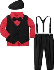 [A&J DESIGN] Baby Boys Outfits Set, 4pcs Gentleman Suit Shirt & Pants & Vest & Hat