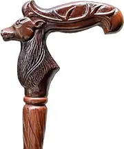 Wooden Reindeer Head Engraved Hand Carved Cane - Premium Wood Carved Walking Stick Cane with Ergonomic Palm Grip Handle - 36" Brown Handmade Elegant Carved Walking Stick for Men Women
