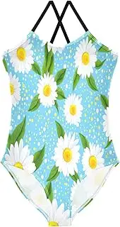 [RPLIFE] Girl Bathing Suits 3-10 Y Beach Bathing Suits Girls, White Daisies Yellow Light Blue