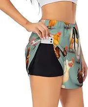 [WURTON] Cute Chicken Walking Print Exercise Gym Workout Shorts Women's Athletic Shorts Dual-Layered Yoga Running Shorts