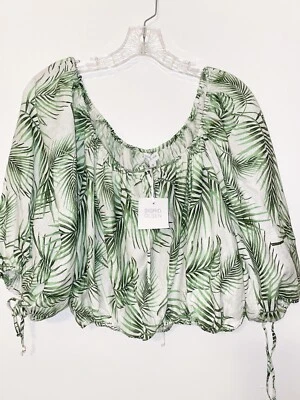Sigrid Olsen Linen Blend Tropical Print Crop Top Green White Linen Top Small