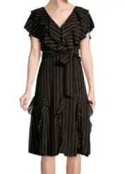 *ALICE + OLIVIA Women's Size 12 Tessa Striped Black Ruffle Godet Midi Dress New