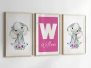 Set of 3 Nursery Wall Art Prints, Girls Bedroom Custom Elephant Wall Decor