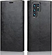 [Cavor] for Samsung Galaxy S22 Ultra Case, Crazy Horse Pattern PU Leather Book Folio Flip Wallet Case Phone Cover with Kickstand Feature & Card Slots for Samsung S22 Ultra 5G (6.8") - Black
