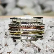 925 Sterling Silver Spinner Ring Bands Copper Brass Hammered Ring For Men Women