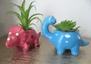 2 Dinosaur Planters w Artificial Succulents - Colorful Ceramic Pink & Blue New