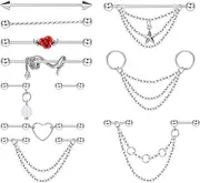 [Kakonia] Industrial Piercing Jewellery 14G 16G Stainless Steel Industrial Earrings with Chain Dangle Industrial Piercing Bar Double Cartilage Helix Piercing Earrings Industrial Barbell for Women Men