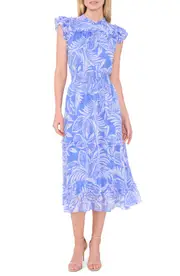 CeCe Palm Print Smocked Ruffle Midi Dress in Tropic Night Blue at Nordstrom, Size X-Large