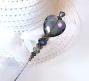 HATPIN with Borealis Swarovski CRYSTALS HEART on Silver Finish Setting - 8 inch